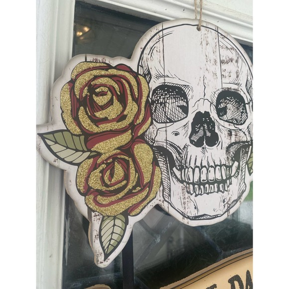 Roses & Skull Enter if You Dare Halloween Sign Front Door Hanger Home Decor - Picture 2 of 5